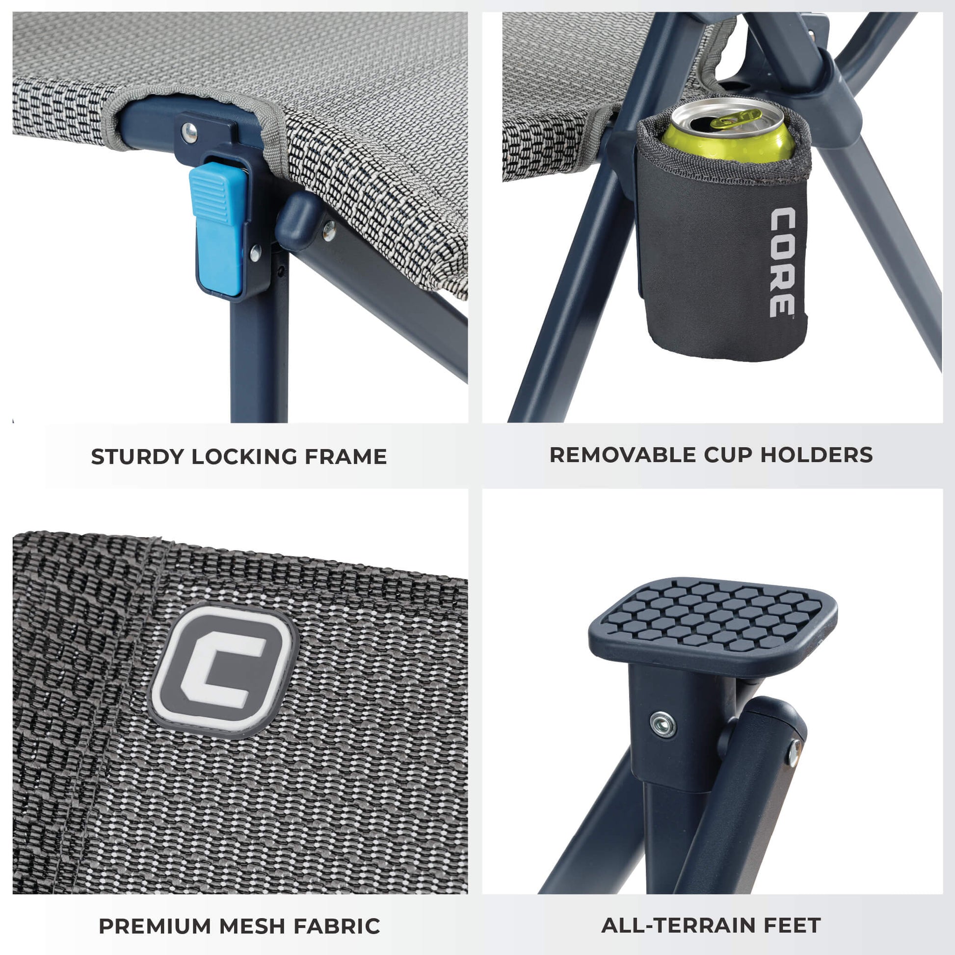 Close-up details of CORE folding camping chair showing locking frame, removable cup holder, premium mesh fabric, and all-terrain feet.
