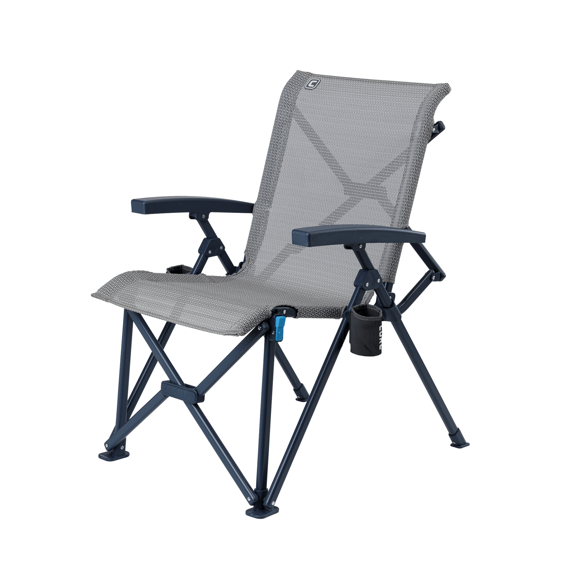 CORE folding camping chair with light gray mesh back, navy locking frame, and removable cup holder.