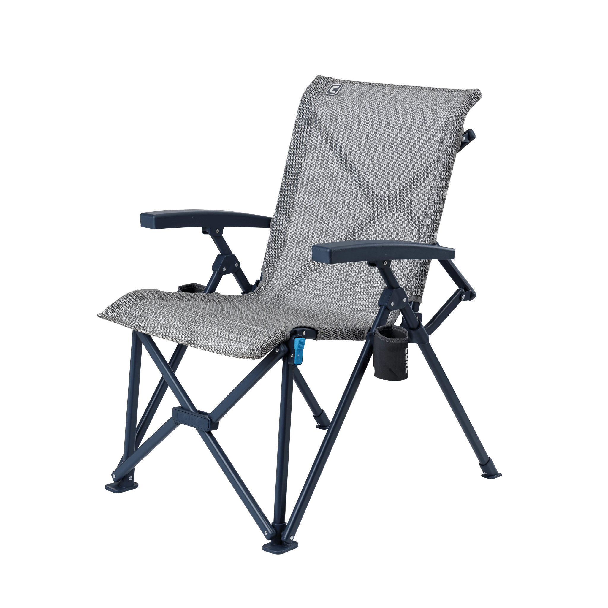 CORE folding camping chair with light gray mesh back, navy locking frame, and removable cup holder.