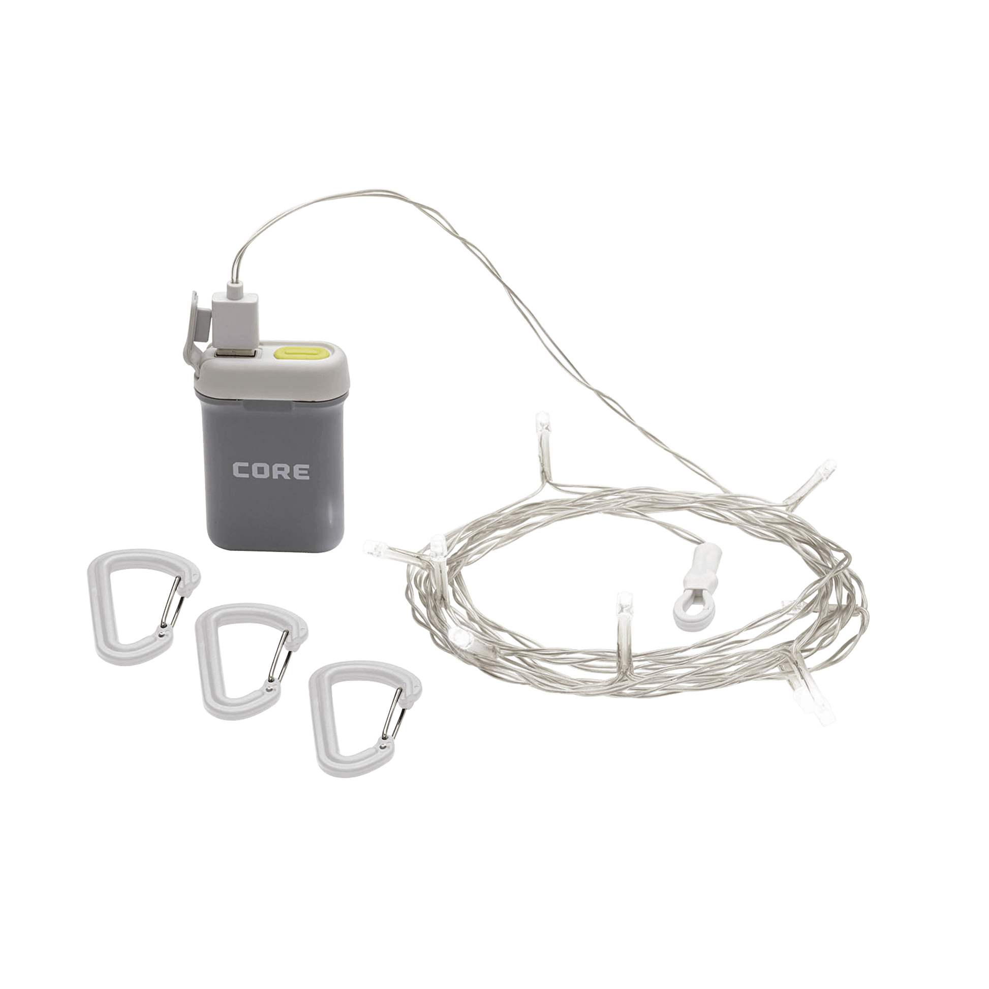 CORE camping string lights with 20-foot cord, battery pack, and carabiner clips for easy hanging and setup outdoors.