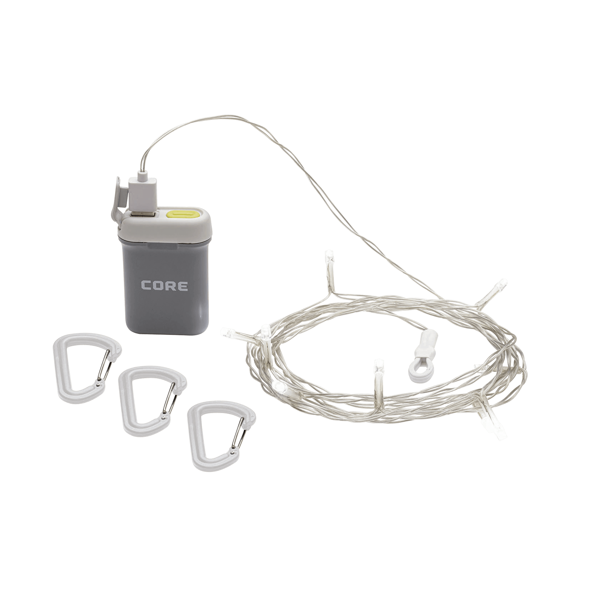 CORE camping string lights with 20-foot cord, battery pack, and carabiner clips for easy hanging and setup outdoors.