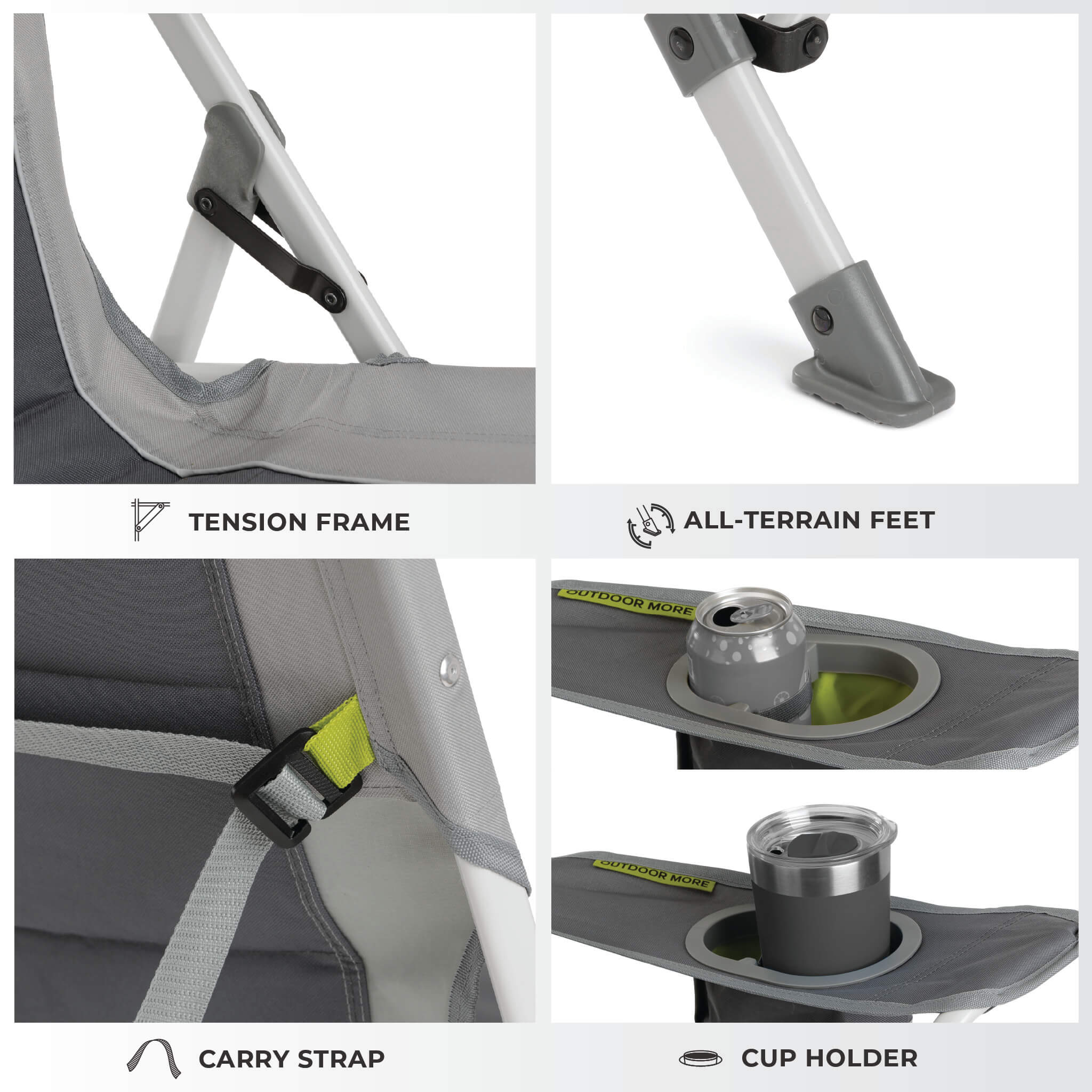 CORE gray tension chair features locking frame, all-terrain feet, carry strap and cup holder.