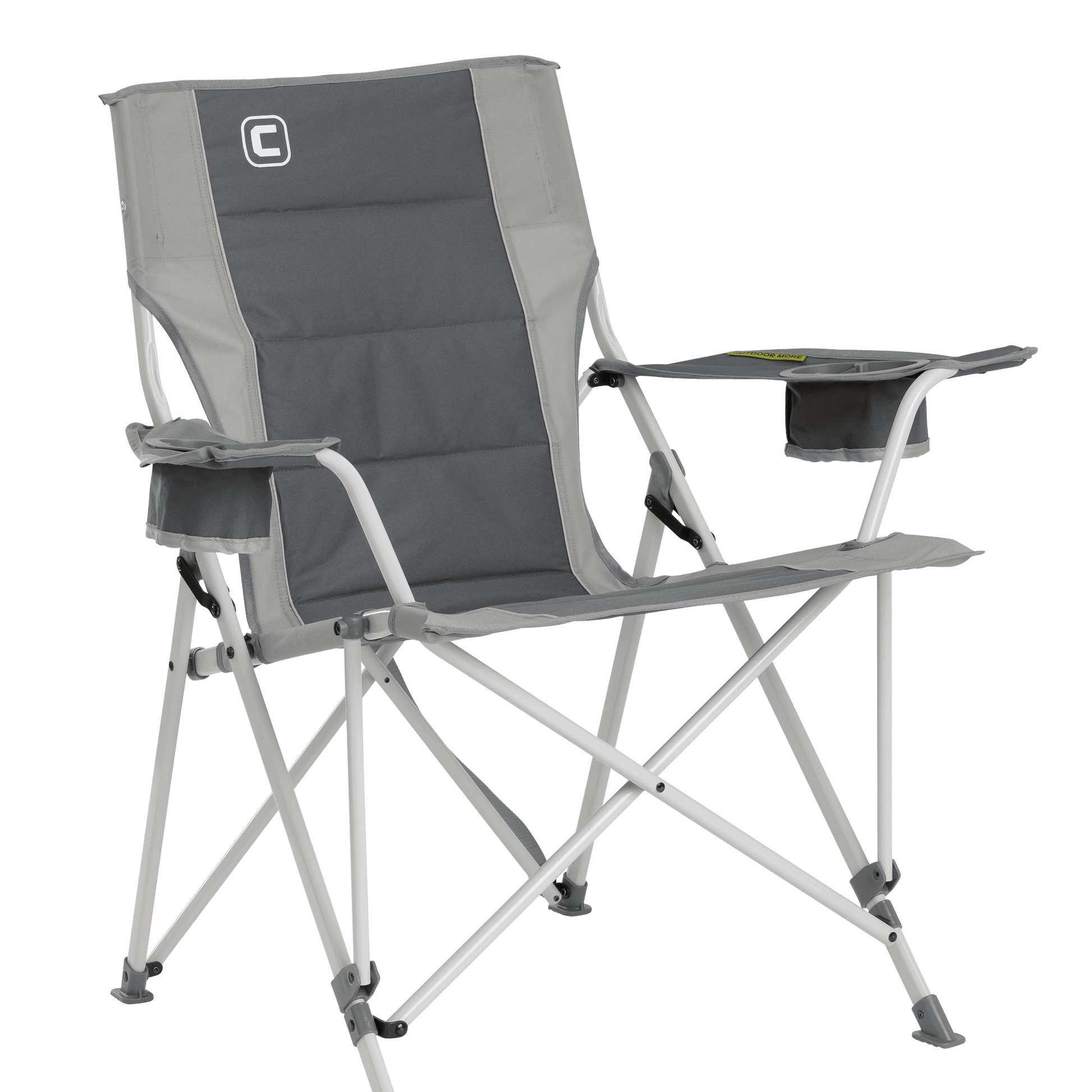 CORE gray tension chair with padded seat, armrests, and built-in cup holder.