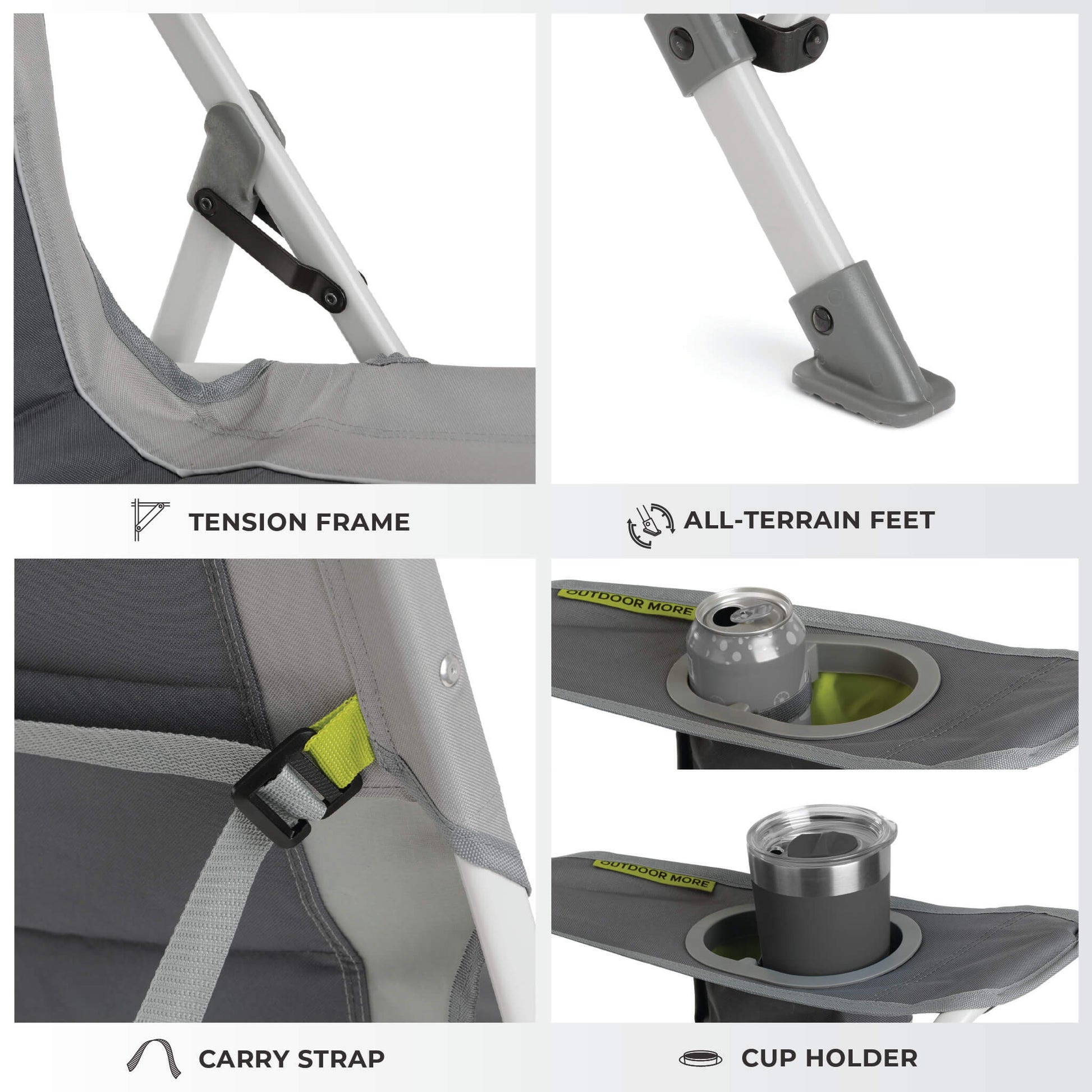 CORE gray tension chair features locking frame, all-terrain feet, carry strap and cup holder.