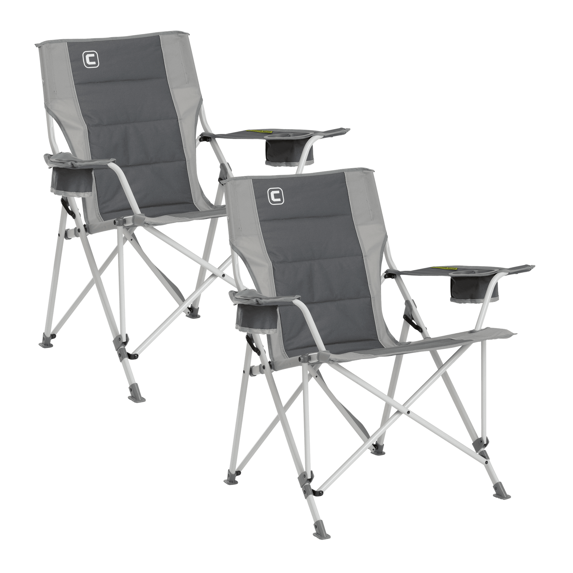 Two CORE gray tension chairs with padded seats and built-in cup holders.