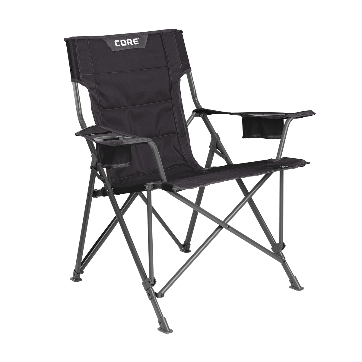 CORE black tension chair with padded seat, armrests, and built-in cup holder.