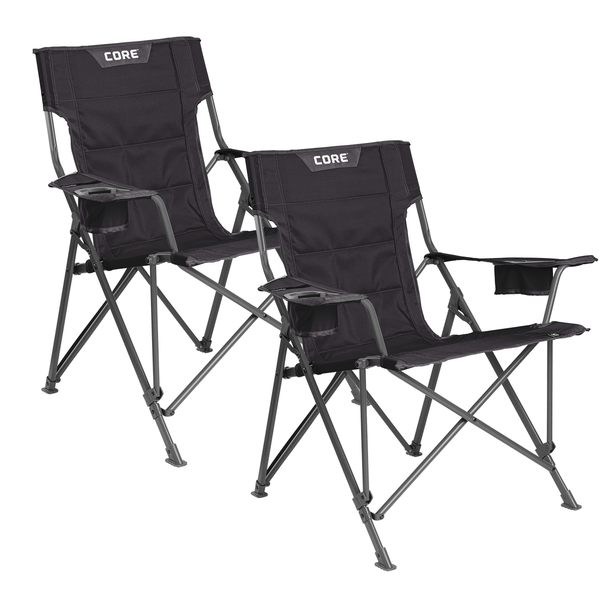 CORE black tension chair with padded seat, armrests, and built-in cup holder.