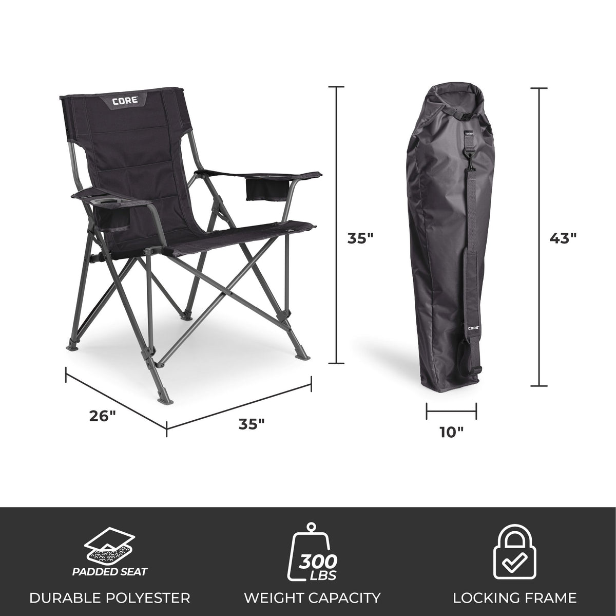 CORE black tension chair with dimensions 35 by 26 inches, 300 lb capacity, and carry bag.