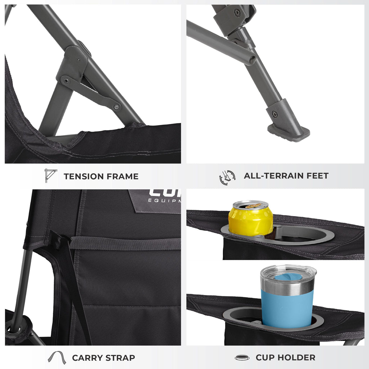 CORE black tension chair features locking frame, all-terrain feet, carry strap and cup holder.