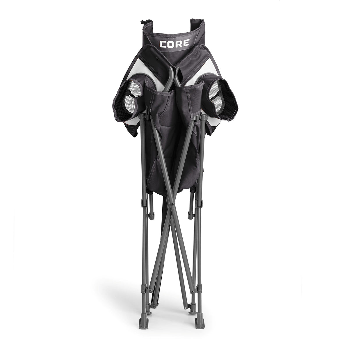 CORE black tension chair folded with a built-in carry strap for easy transport.