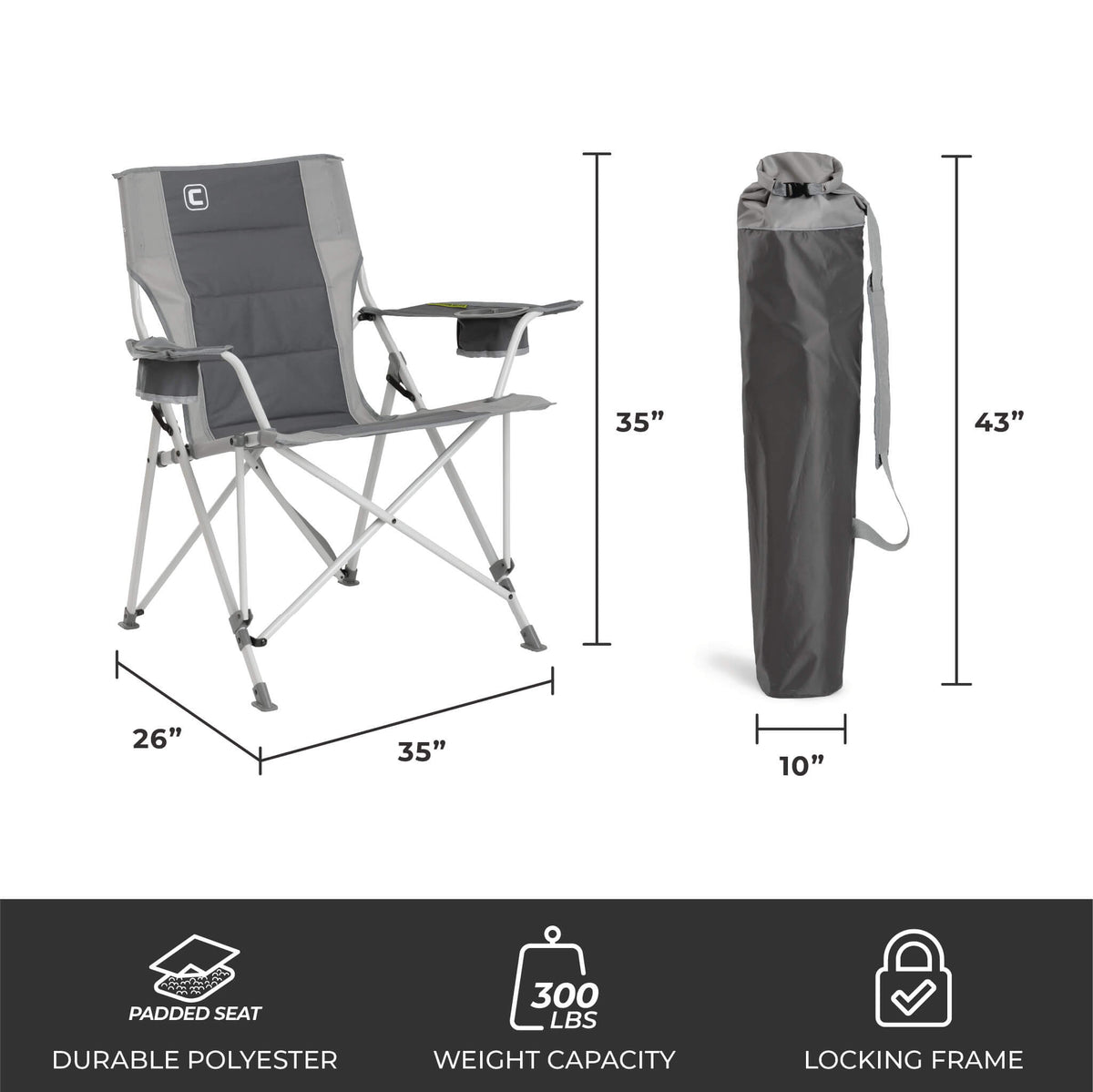 CORE gray tension chair with dimensions 35 by 26 inches, 300 lb capacity, and carry bag.
