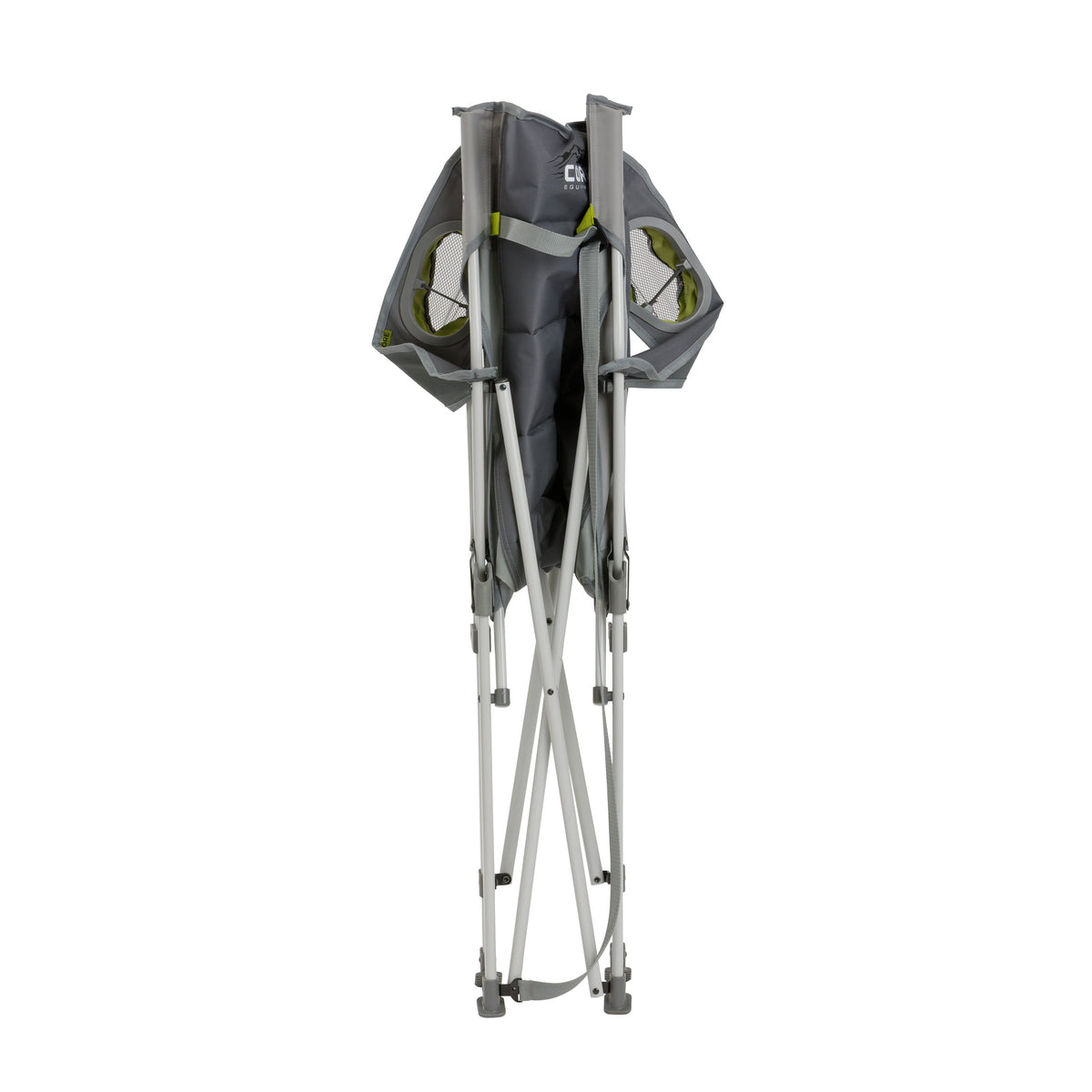 CORE gray tension chair folded with a built-in carry strap for easy transport.