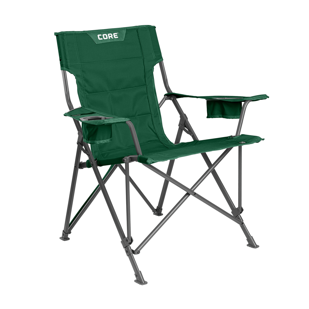 CORE forest green tension chair with padded seat, armrests, and built-in cup holder. [color:forest green][pack-size:1-pack]