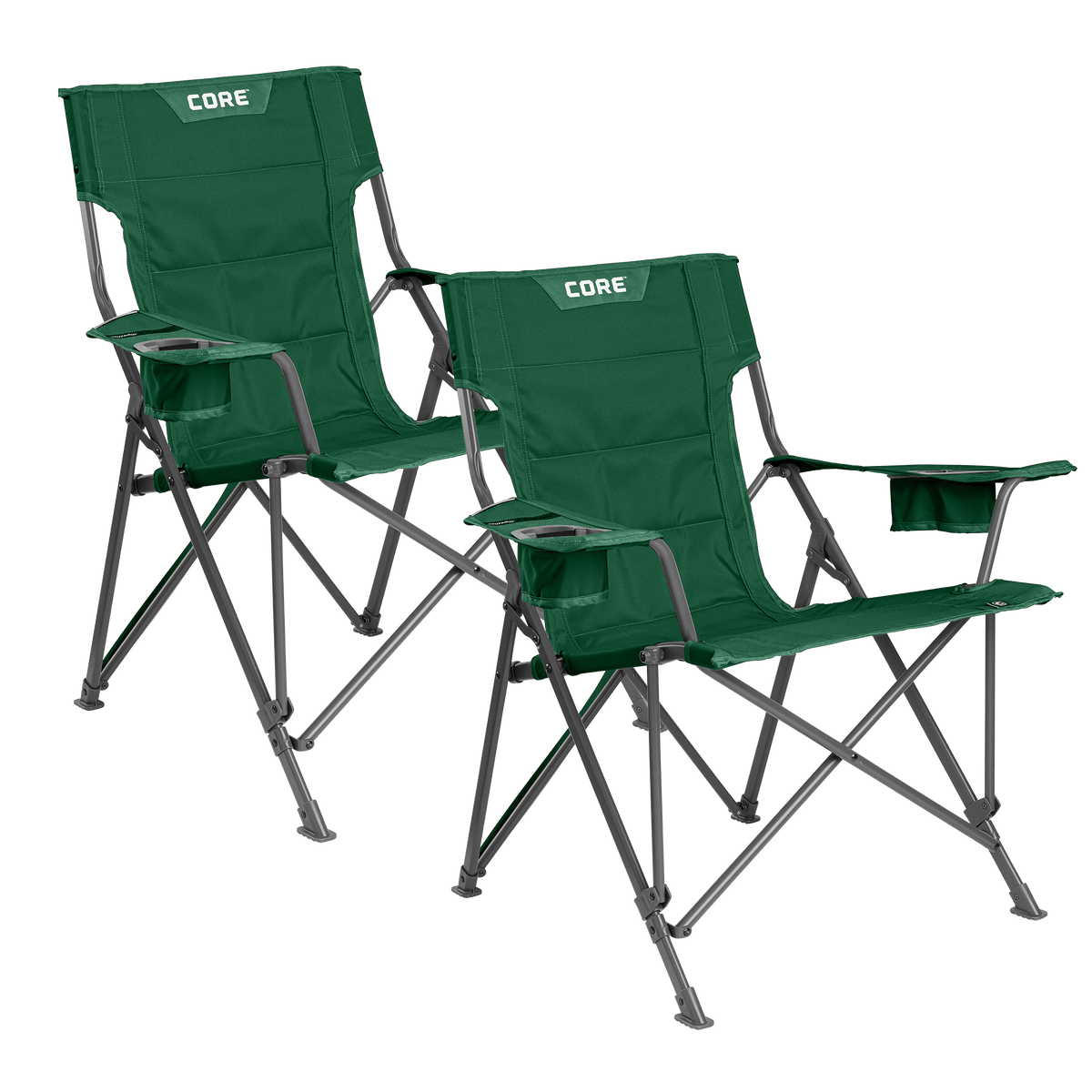 CORE forest green tension chair with padded seat, armrests, and built-in cup holder.