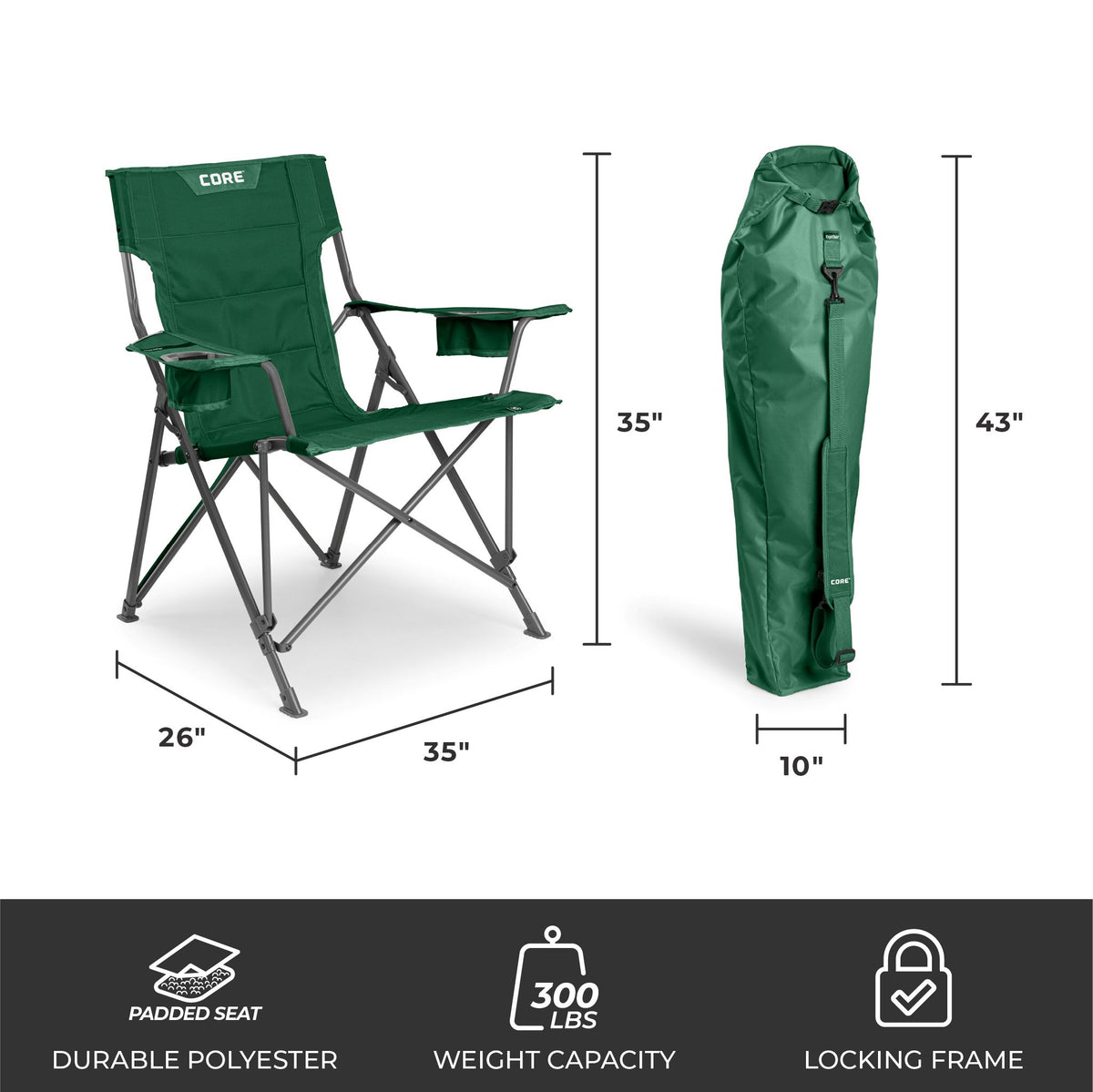 CORE forest green tension chair with dimensions 35 by 26 inches, 300 lb capacity, and carry bag.