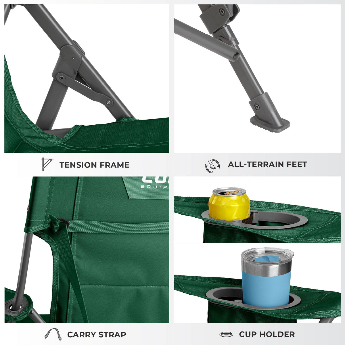 CORE forest green tension chair features locking frame, all-terrain feet, carry strap and cup holder.