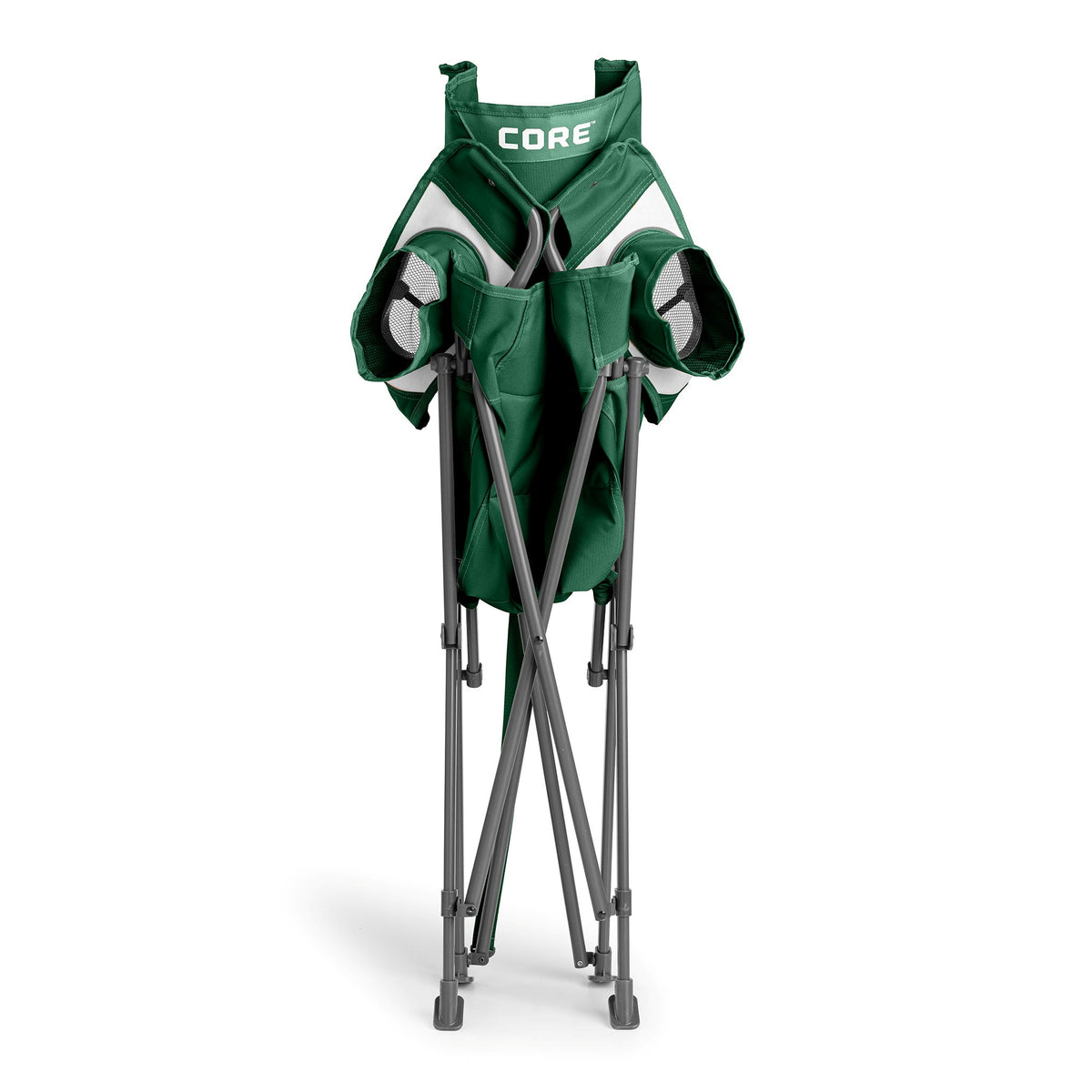 CORE forest green tension chair folded with a built-in carry strap for easy transport.