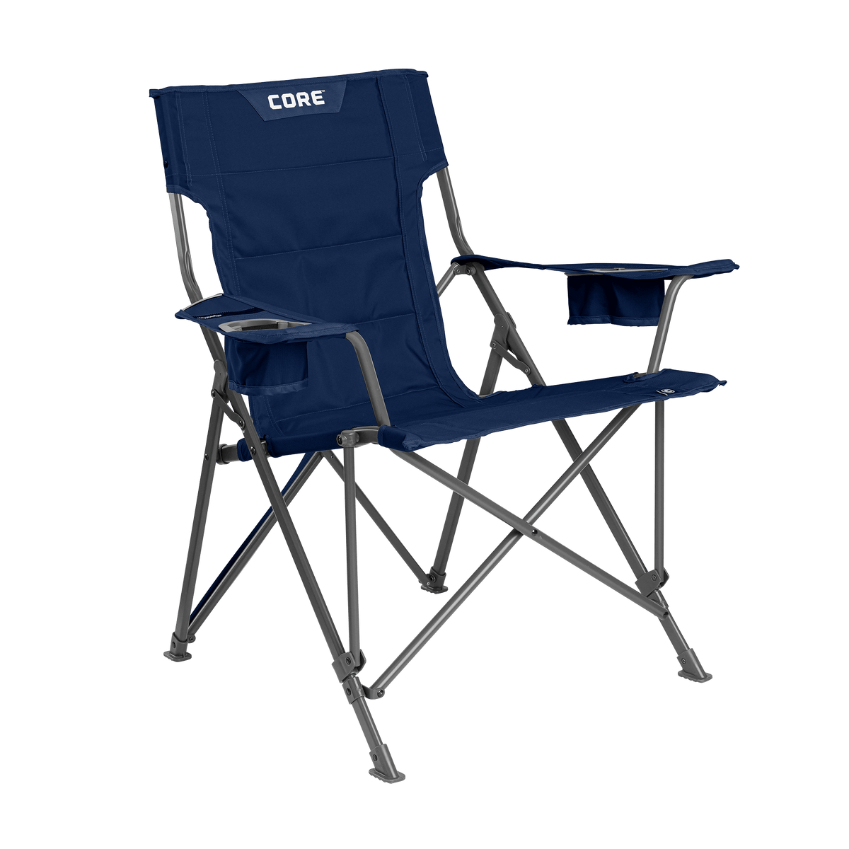CORE navy tension chair with padded seat, armrests, and built-in cup holder.