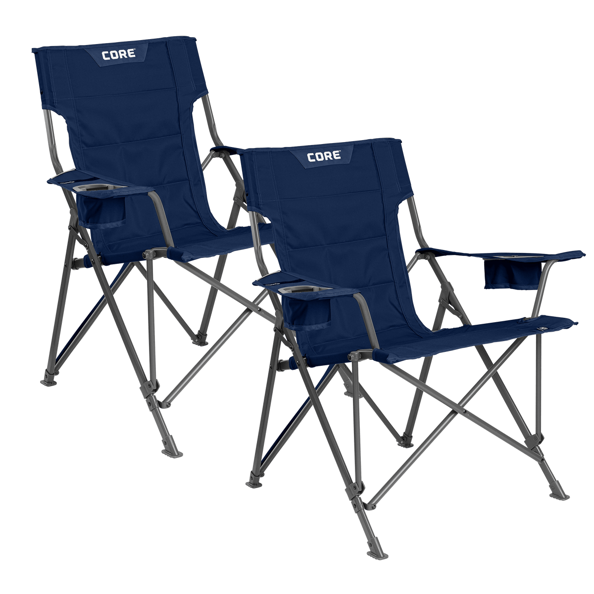 CORE navy tension chair with padded seat, armrests, and built-in cup holder.