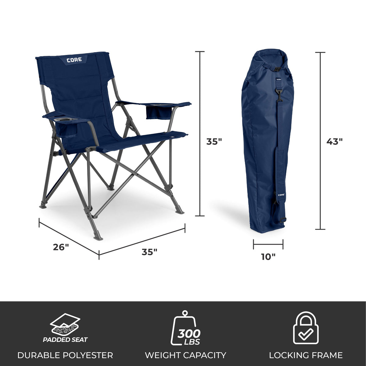 CORE navy tension chair with dimensions 35 by 26 inches, 300 lb capacity, and carry bag.