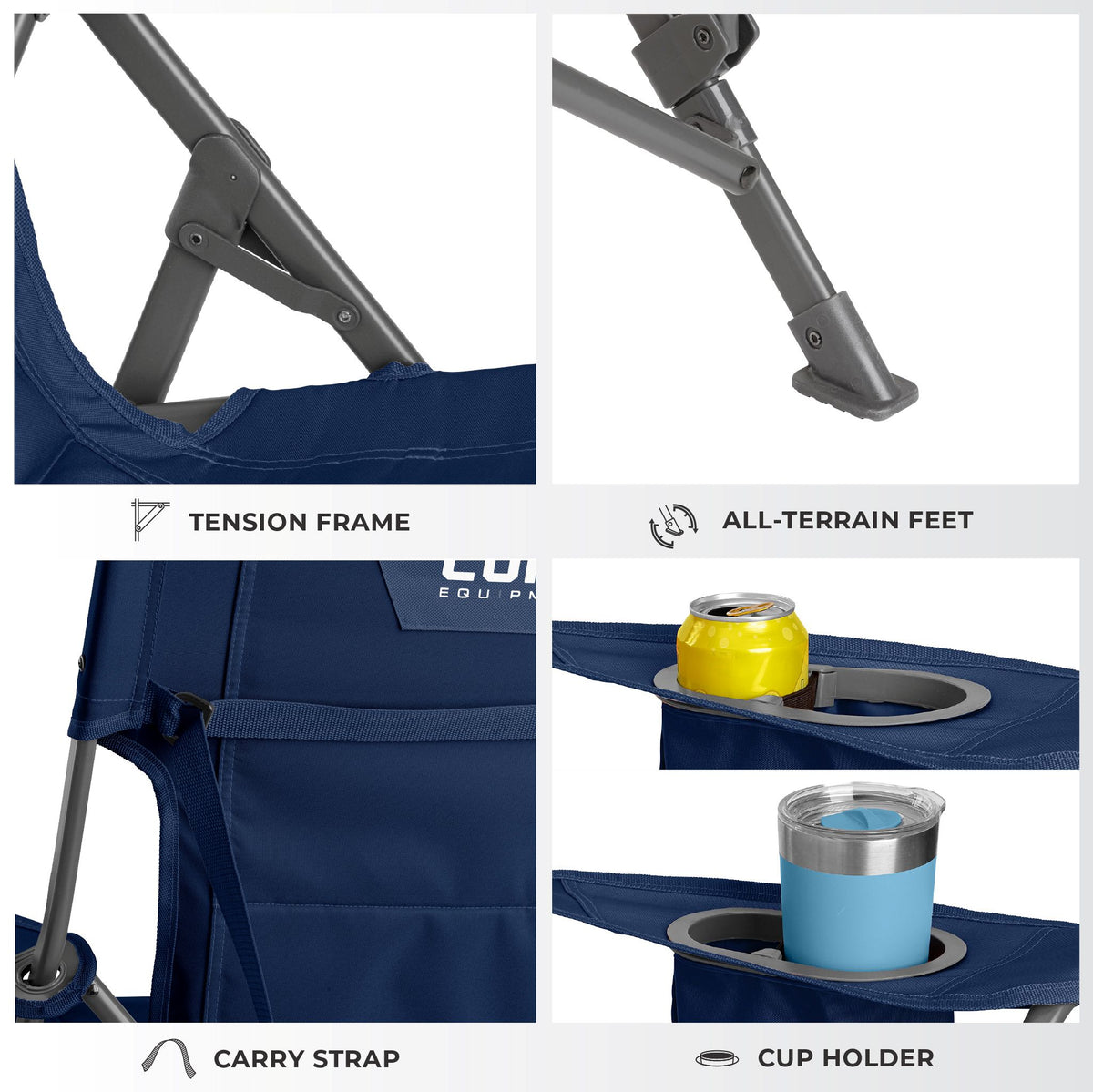 CORE navy tension chair features locking frame, all-terrain feet, carry strap and cup holder.