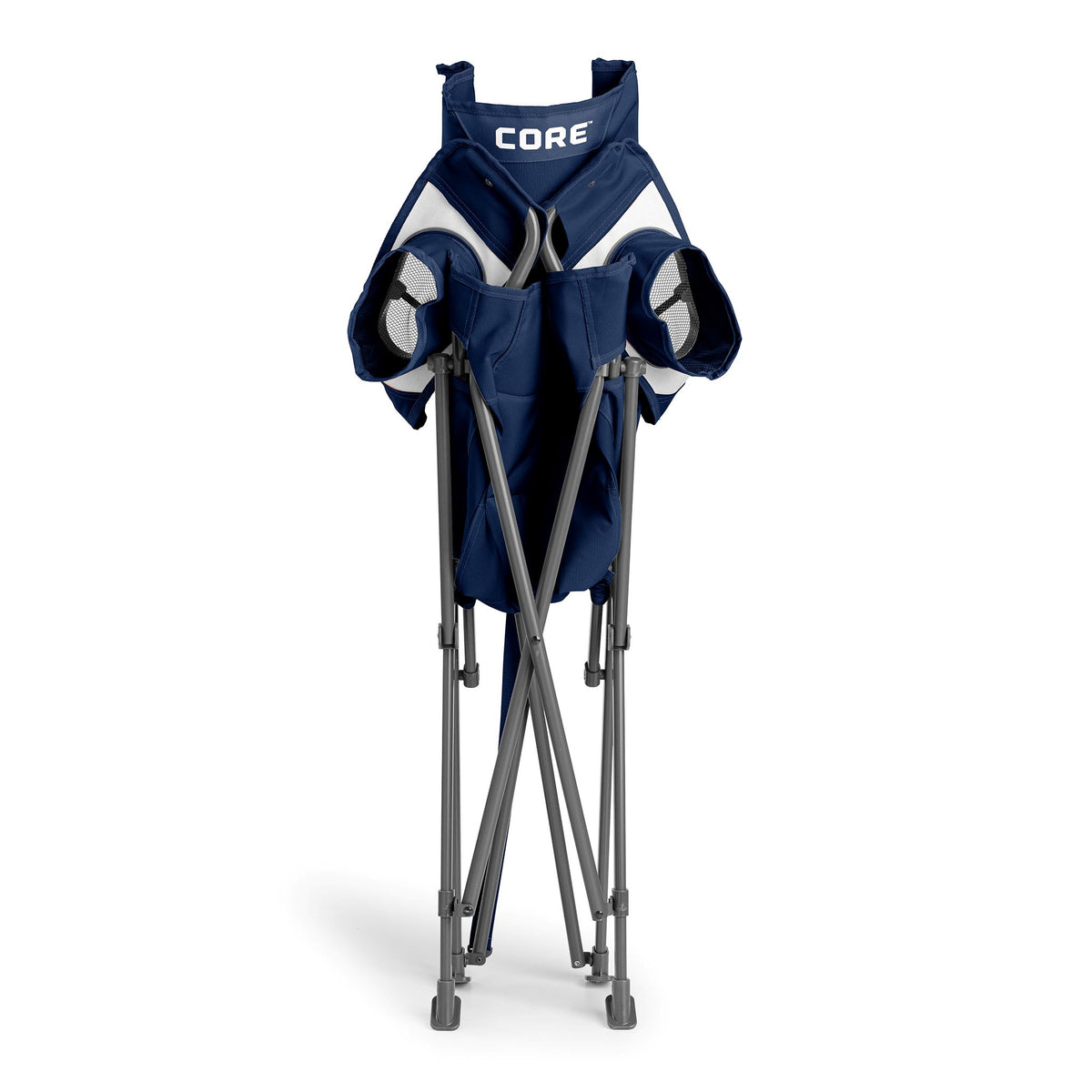 CORE navy tension chair folded with a built-in carry strap for easy transport.