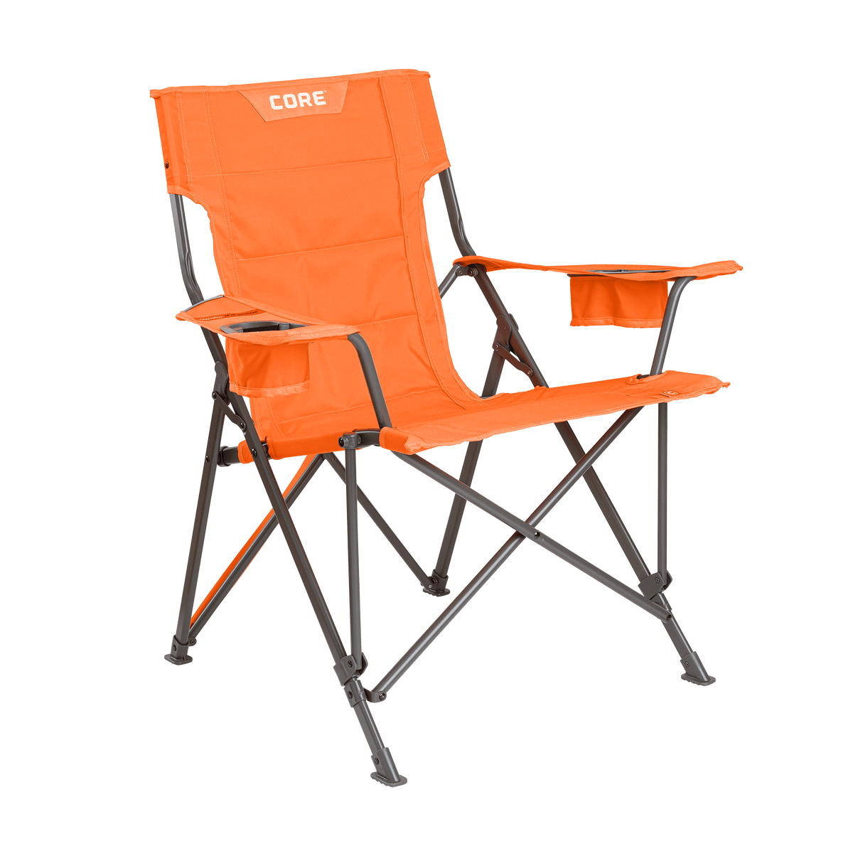 CORE orange tension chair with padded seat, armrests, and built-in cup holder. [color:orange][pack-size:1-pack]