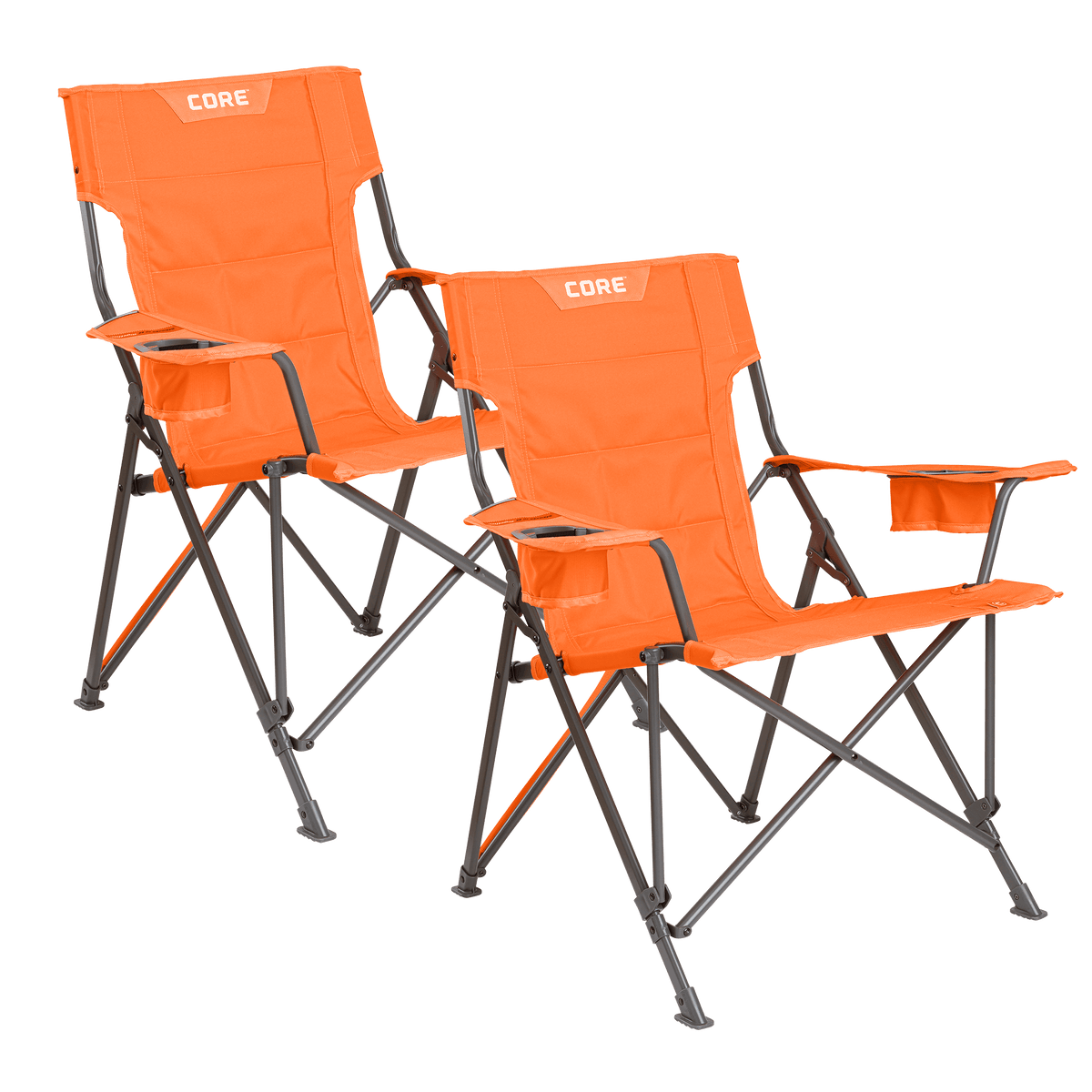 CORE orange tension chair with padded seat, armrests, and built-in cup holder.