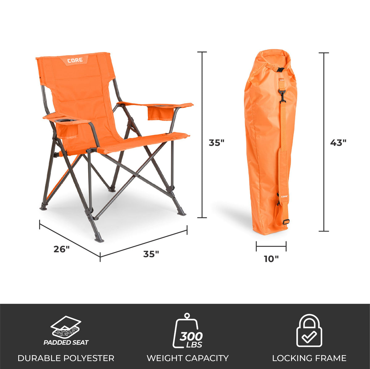 CORE orange tension chair with dimensions 35 by 26 inches, 300 lb capacity, and carry bag.