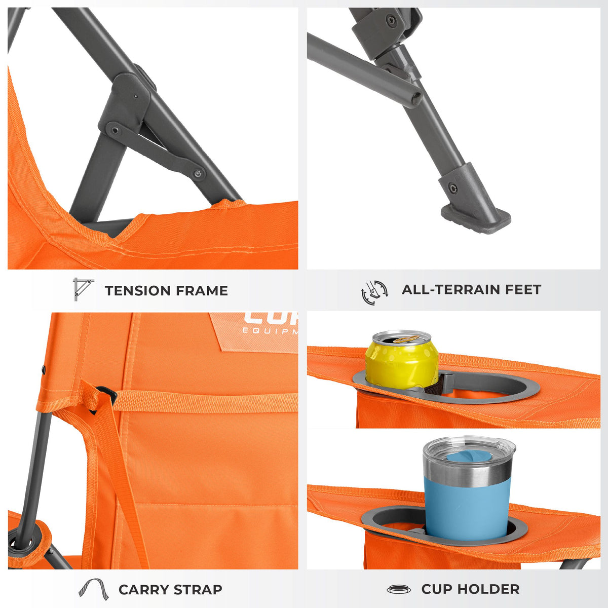CORE orange tension chair features locking frame, all-terrain feet, carry strap and cup holder.