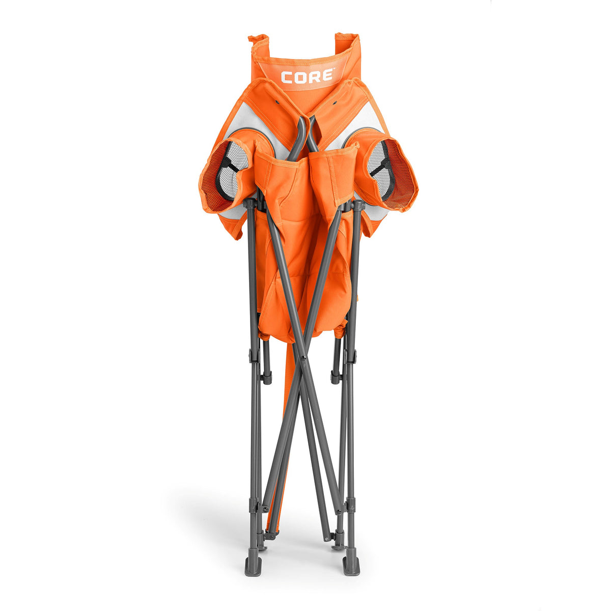 CORE orange tension chair folded with a built-in carry strap for easy transport.