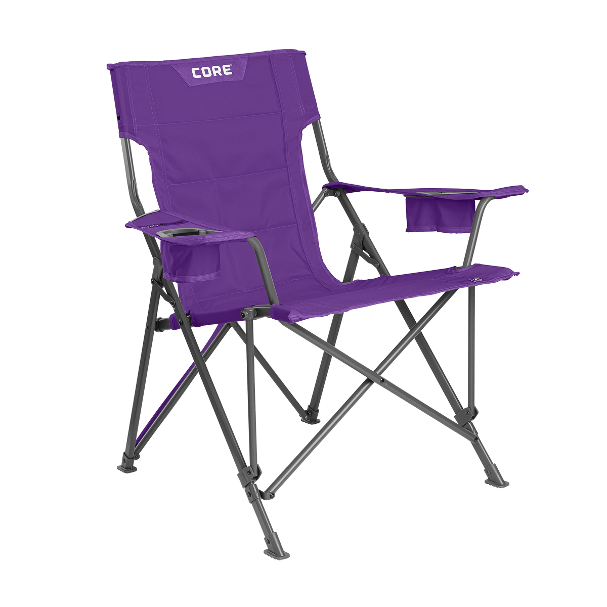 CORE purple tension chair with padded seat, armrests, and built-in cup holder. [color:purple][pack-size:1-pack]