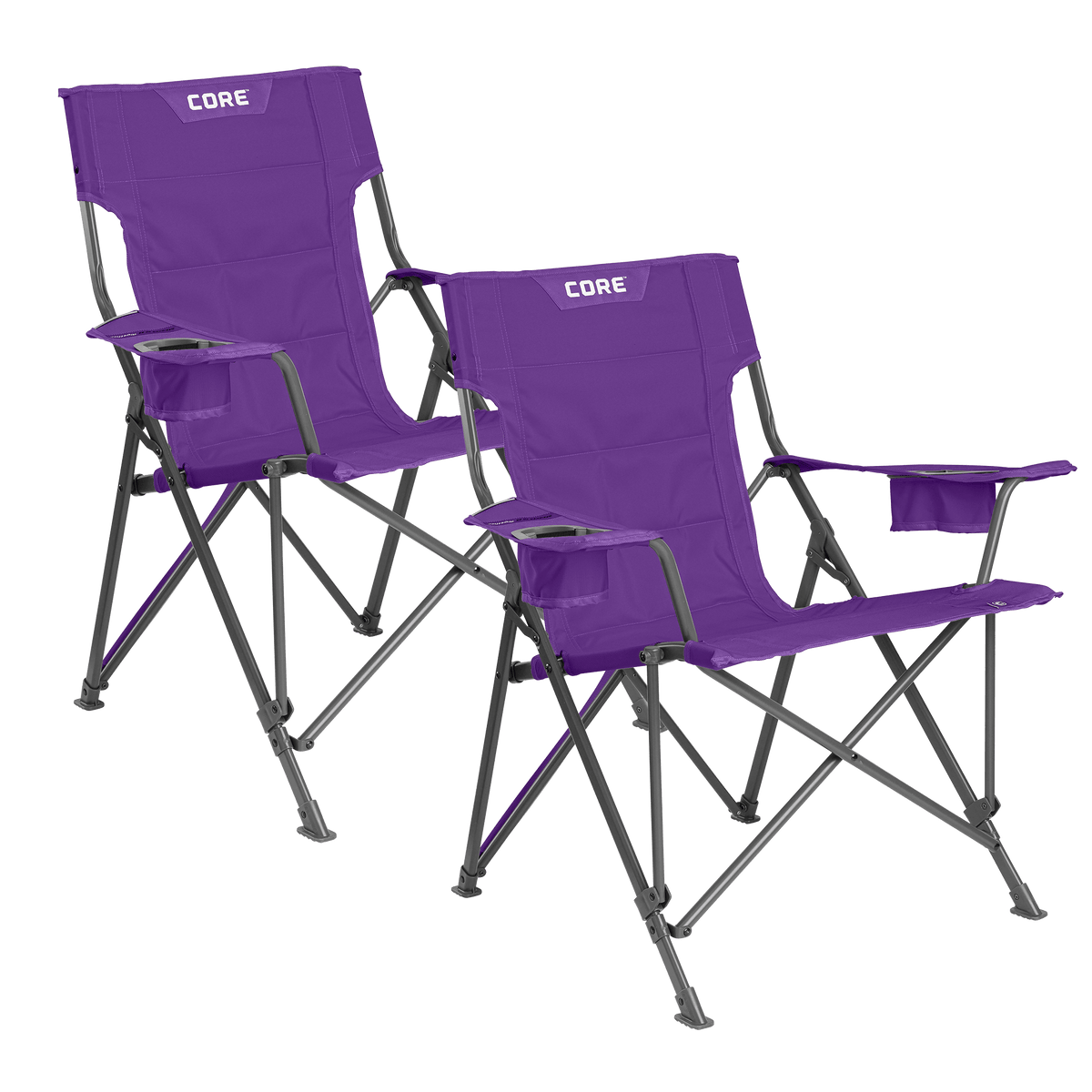 CORE purple tension chair with padded seat, armrests, and built-in cup holder.