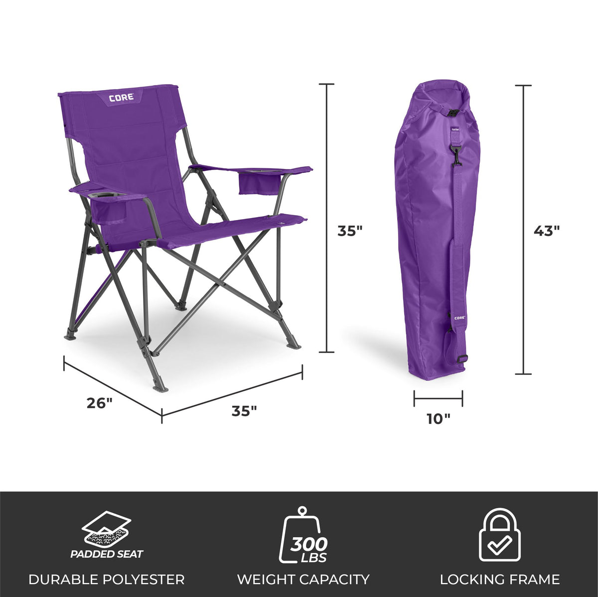 CORE purple tension chair with dimensions 35 by 26 inches, 300 lb capacity, and carry bag.