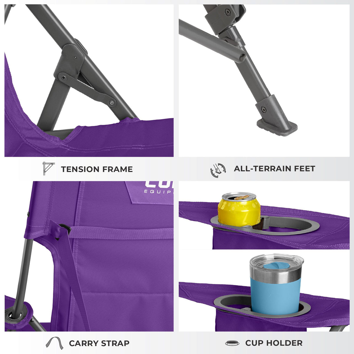 CORE purple tension chair features locking frame, all-terrain feet, carry strap and cup holder.