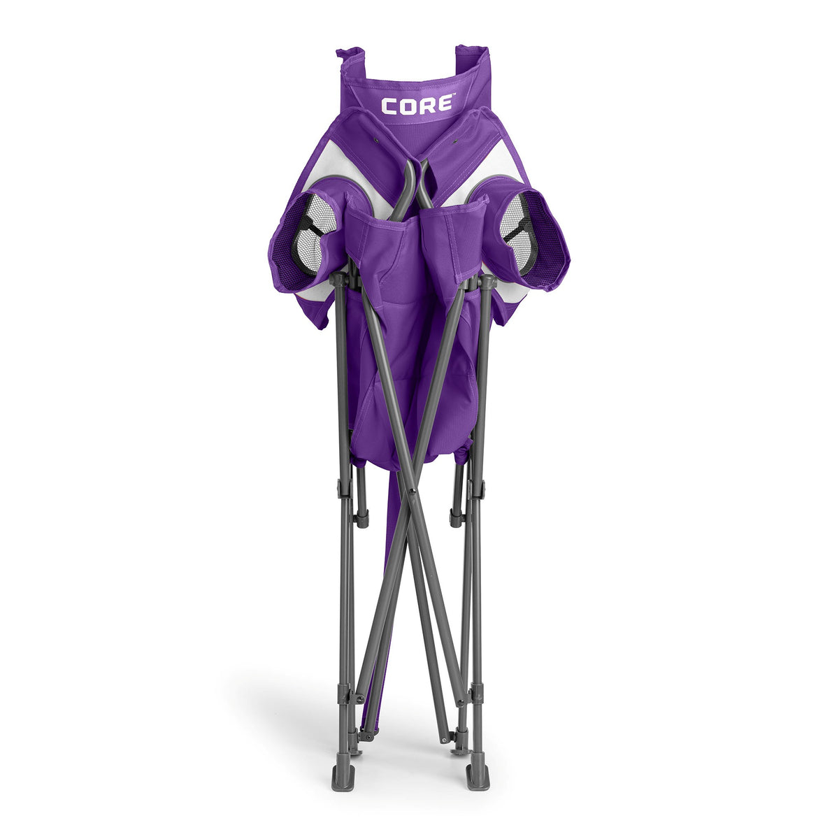 CORE purple tension chair folded with a built-in carry strap for easy transport.