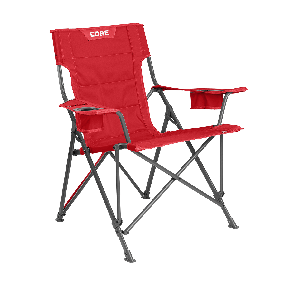 CORE red tension chair with padded seat, armrests, and built-in cup holder.