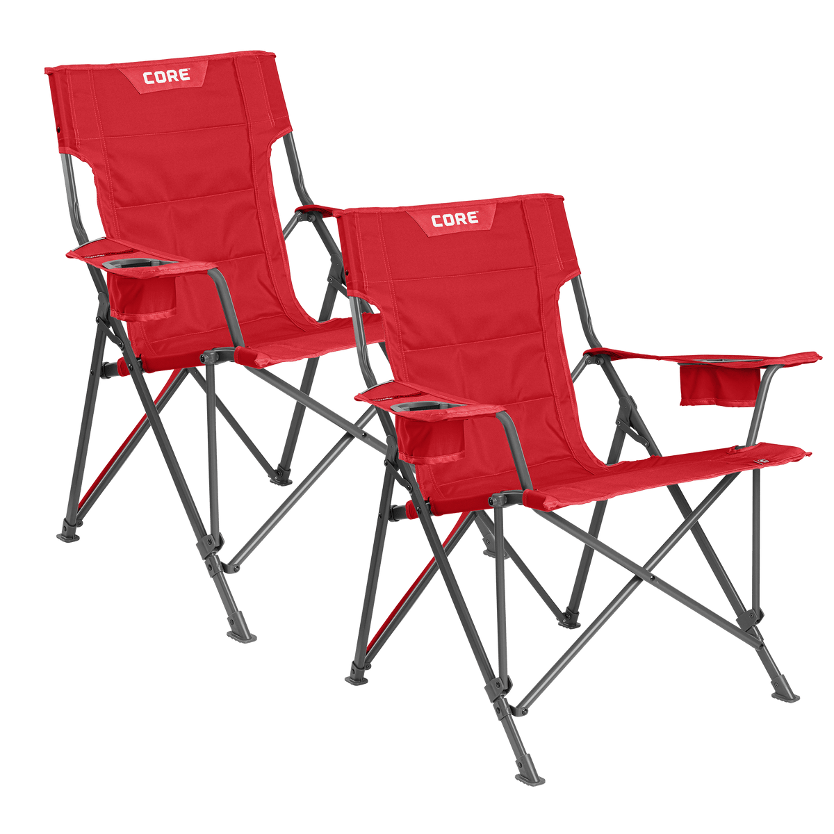 CORE red tension chair with padded seat, armrests, and built-in cup holder.