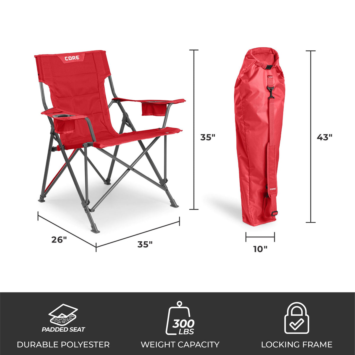 CORE red tension chair with dimensions 35 by 26 inches, 300 lb capacity, and carry bag.
