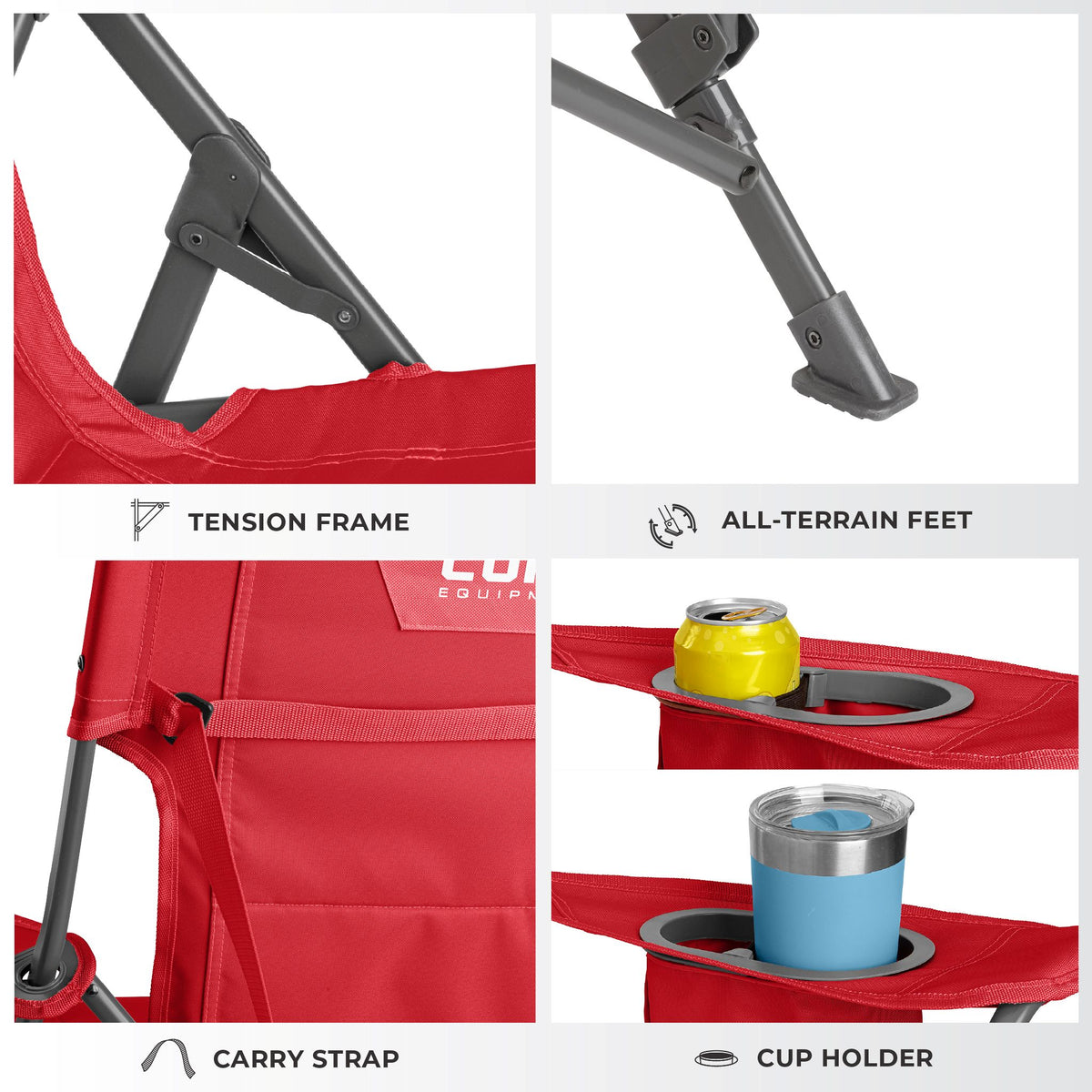 CORE red tension chair features locking frame, all-terrain feet, carry strap and cup holder.