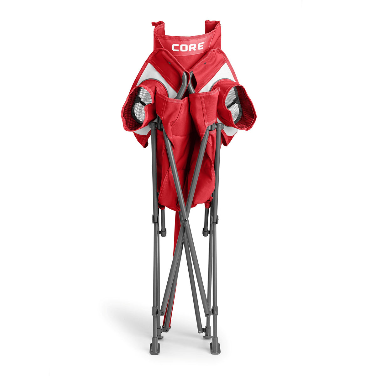 CORE red tension chair folded with a built-in carry strap for easy transport.
