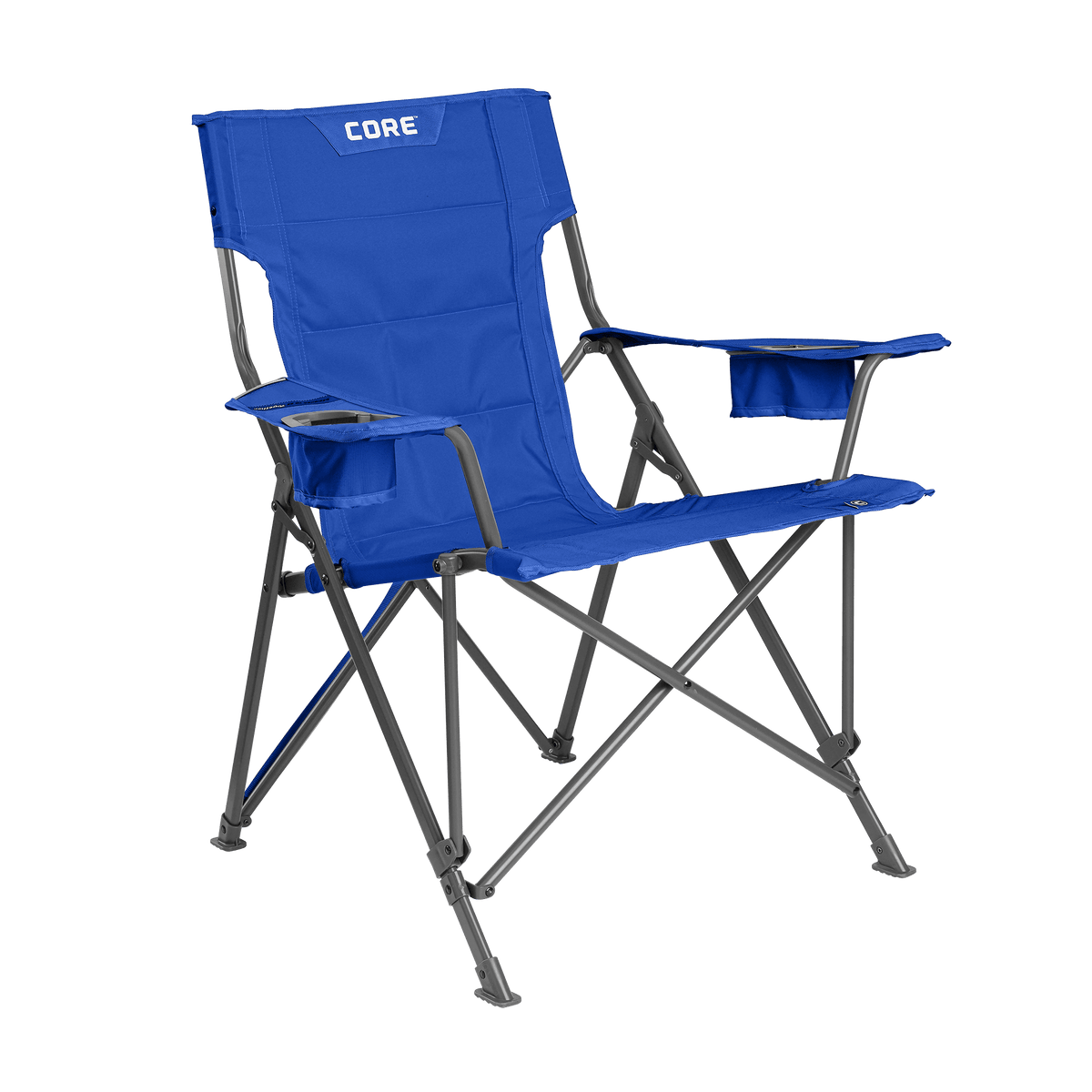 CORE royal blue tension chair with padded seat, armrests, and built-in cup holder.