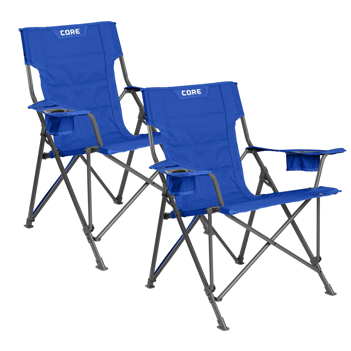 CORE royal blue tension chair with padded seat, armrests, and built-in cup holder.