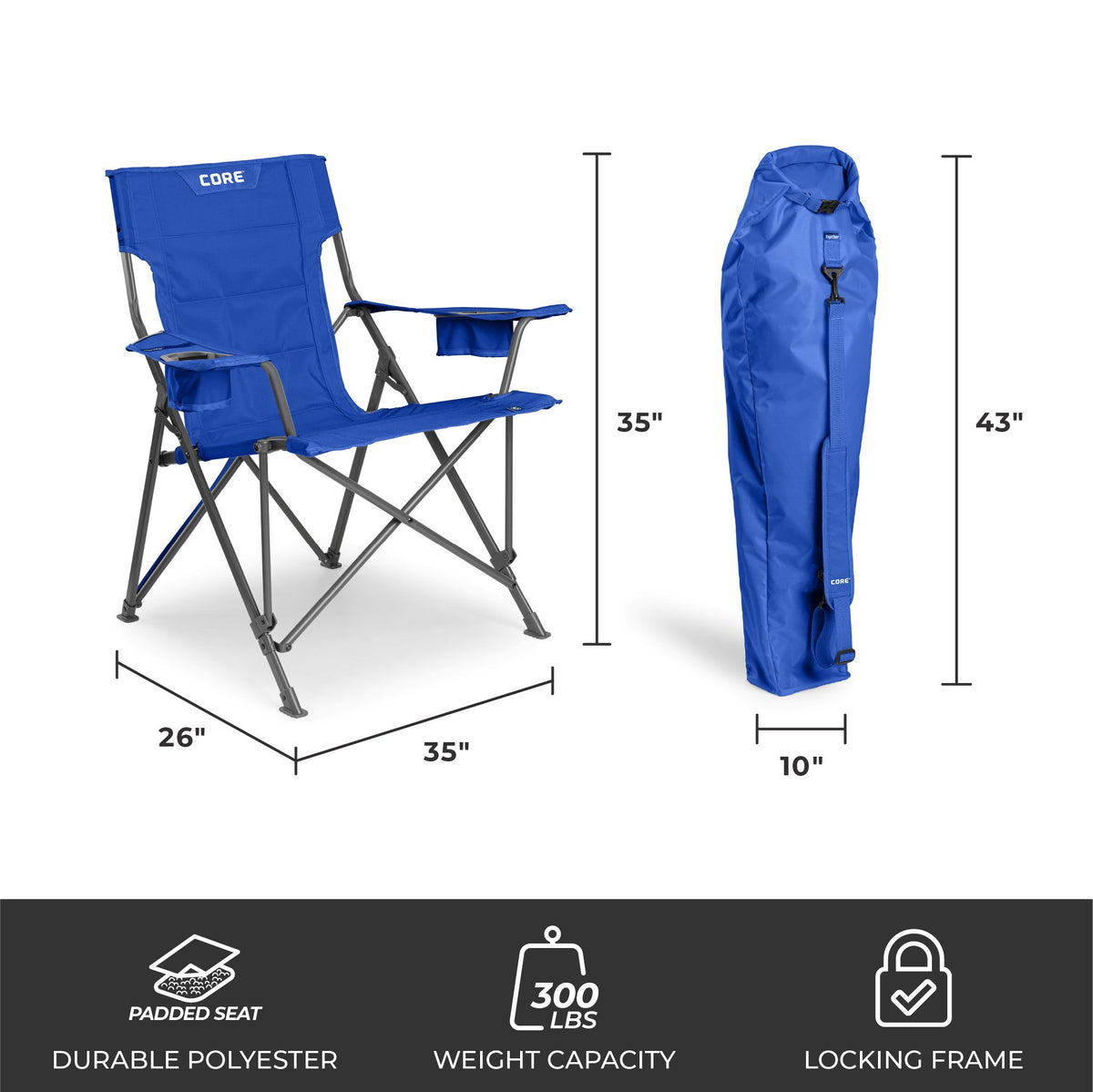 CORE royal blue tension chair with dimensions 35 by 26 inches, 300 lb capacity, and carry bag.