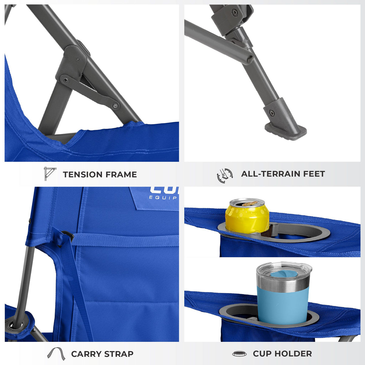 CORE royal blue tension chair features locking frame, all-terrain feet, carry strap and cup holder.