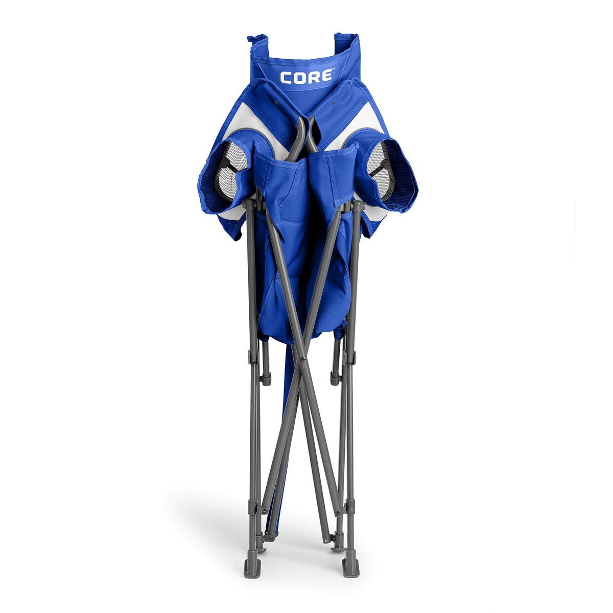CORE royal blue tension chair folded with a built-in carry strap for easy transport.