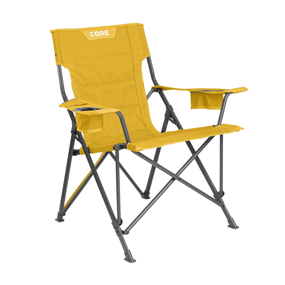 CORE yellow gold tension chair with padded seat, armrests, and built-in cup holder.