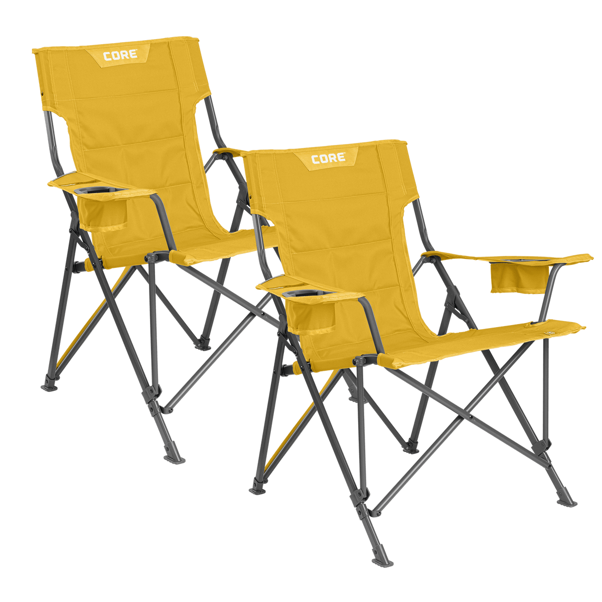 CORE yellow gold tension chair with padded seat, armrests, and built-in cup holder.