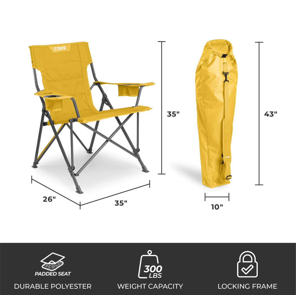 CORE yellow gold tension chair with dimensions 35 by 26 inches, 300 lb capacity, and carry bag.