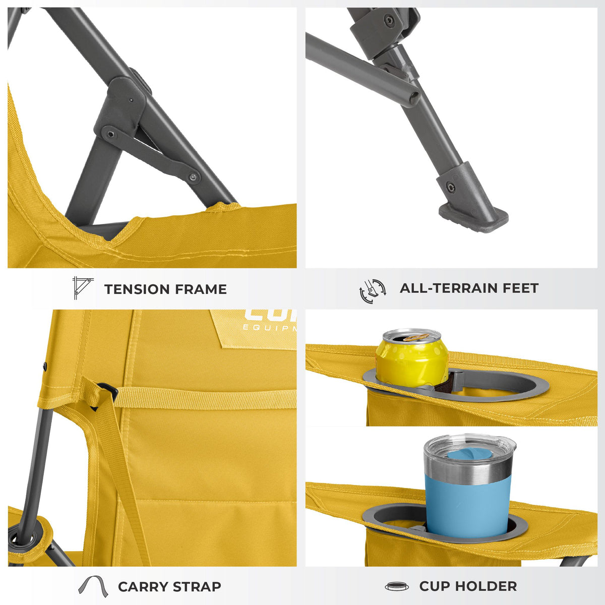 CORE yellow gold tension chair features locking frame, all-terrain feet, carry strap and cup holder.